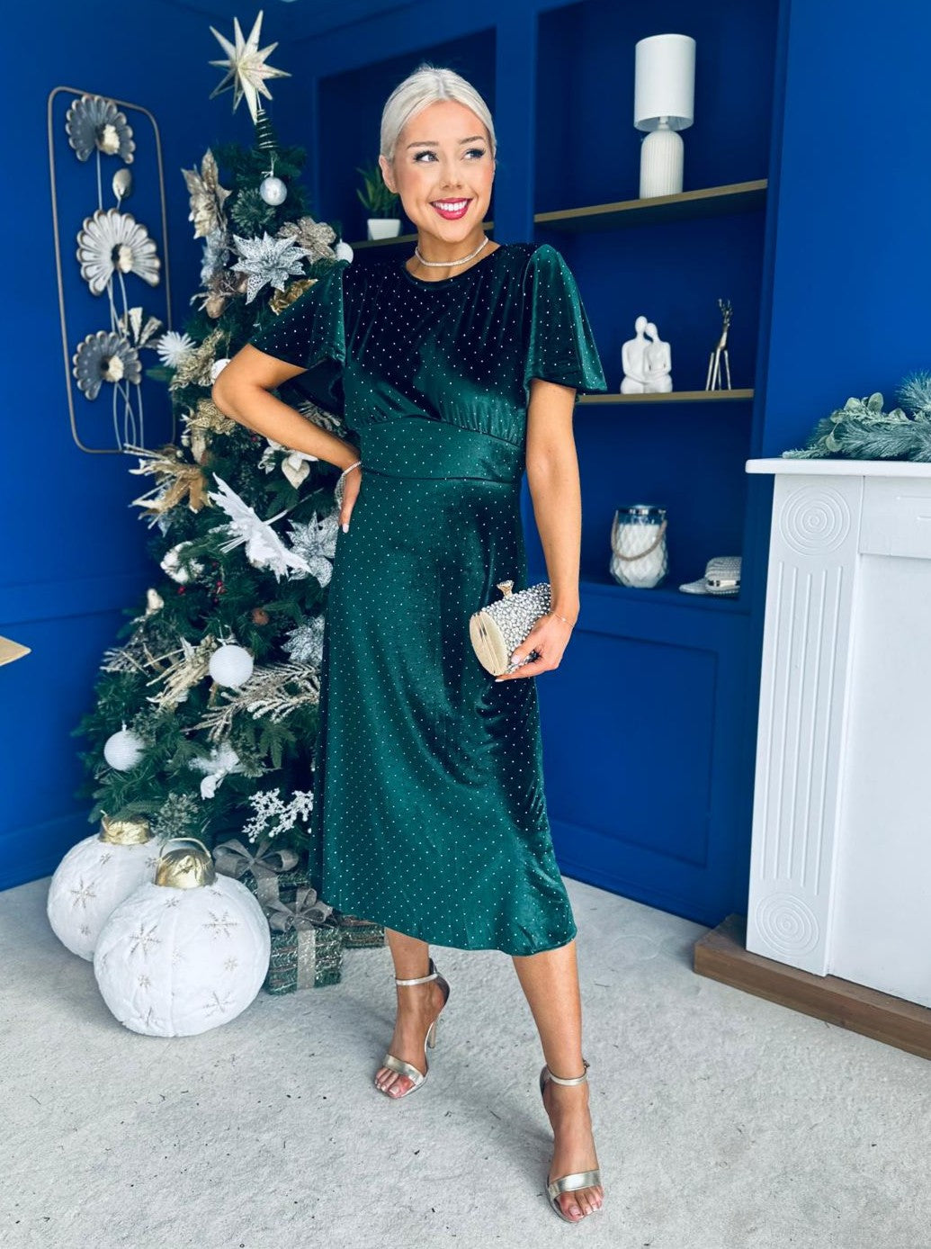 Aideen Angel Sleeve Studded Velvet Dress Forest