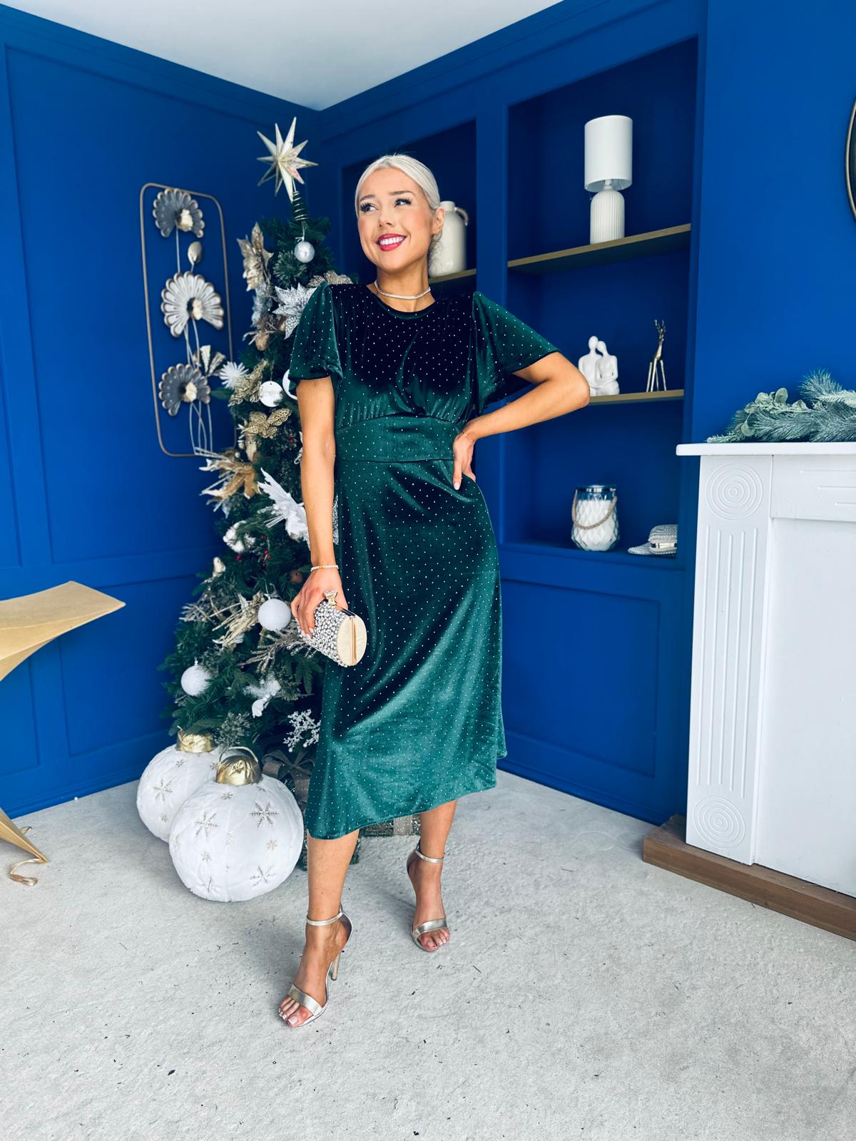 Aideen Angel Sleeve Studded Velvet Dress Forest