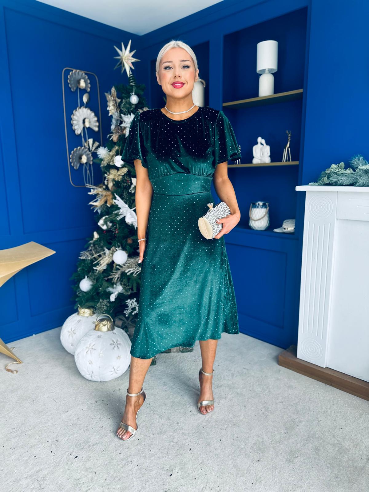 Aideen Angel Sleeve Studded Velvet Dress Forest