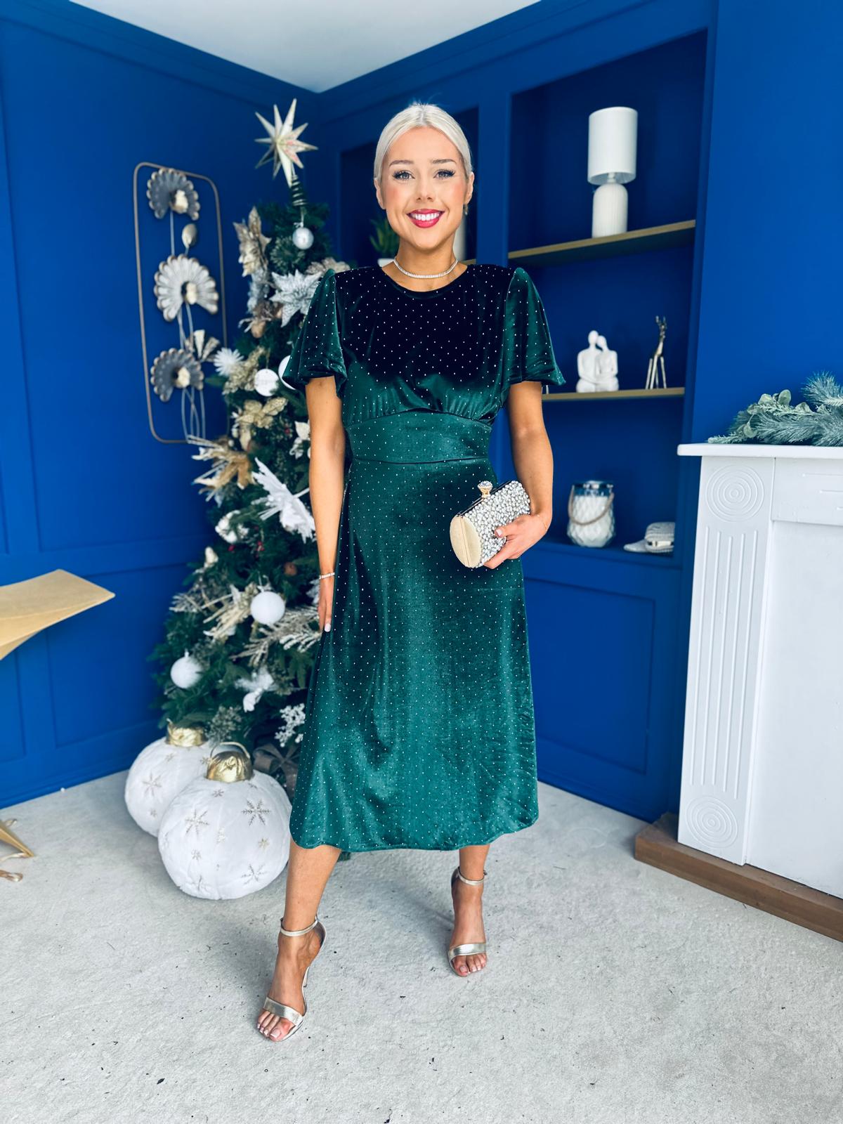 Aideen Angel Sleeve Studded Velvet Dress Forest