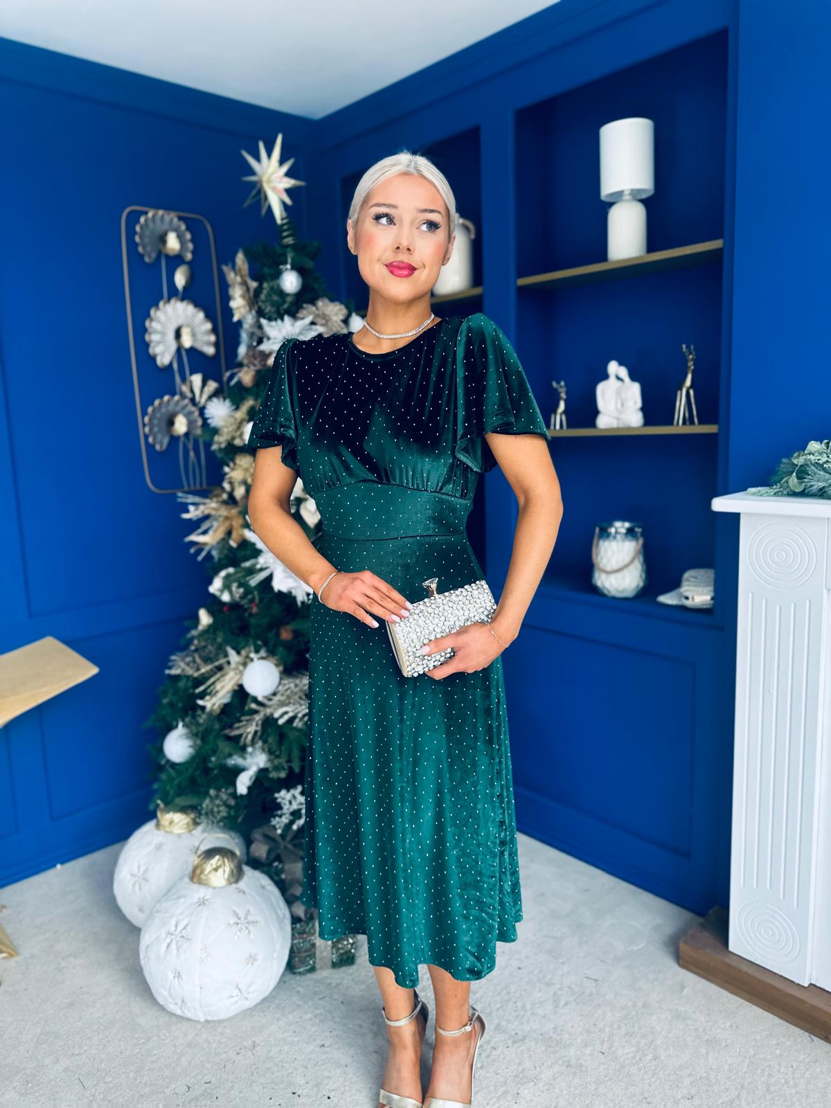 Aideen Angel Sleeve Studded Velvet Dress Forest