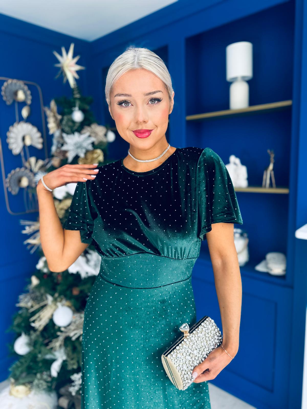 Aideen Angel Sleeve Studded Velvet Dress Forest