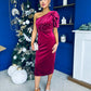 Miranda One Shoulder Pearl Detail Velvet Occasion Dress Wine