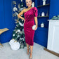 Miranda One Shoulder Pearl Detail Velvet Occasion Dress Wine