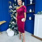Miranda One Shoulder Pearl Detail Velvet Occasion Dress Wine
