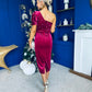 Miranda One Shoulder Pearl Detail Velvet Occasion Dress Wine