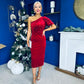 Miranda One Shoulder Pearl Detail Velvet Occasion Dress Red