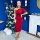 Miranda One Shoulder Pearl Detail Velvet Occasion Dress Red