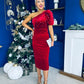 Miranda One Shoulder Pearl Detail Velvet Occasion Dress Red