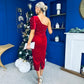 Miranda One Shoulder Pearl Detail Velvet Occasion Dress Red
