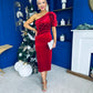 Miranda One Shoulder Pearl Detail Velvet Occasion Dress Red