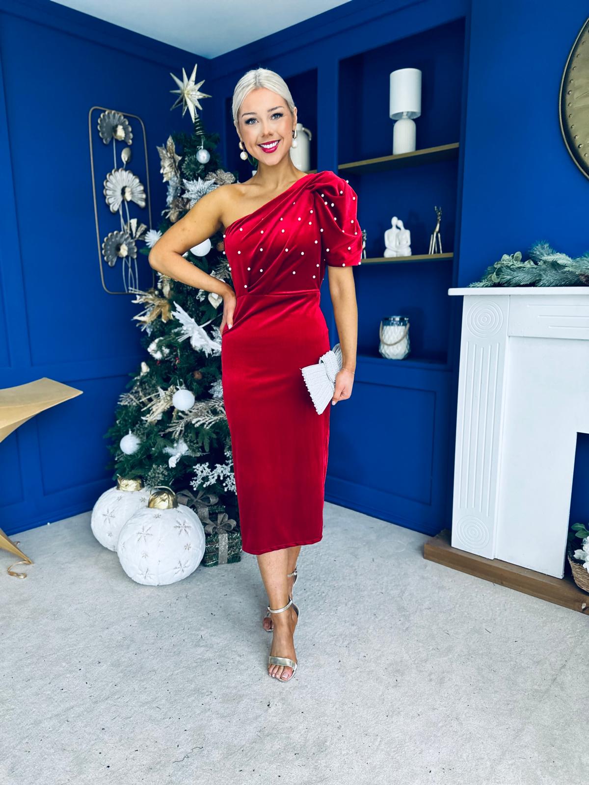 Miranda One Shoulder Pearl Detail Velvet Occasion Dress Red