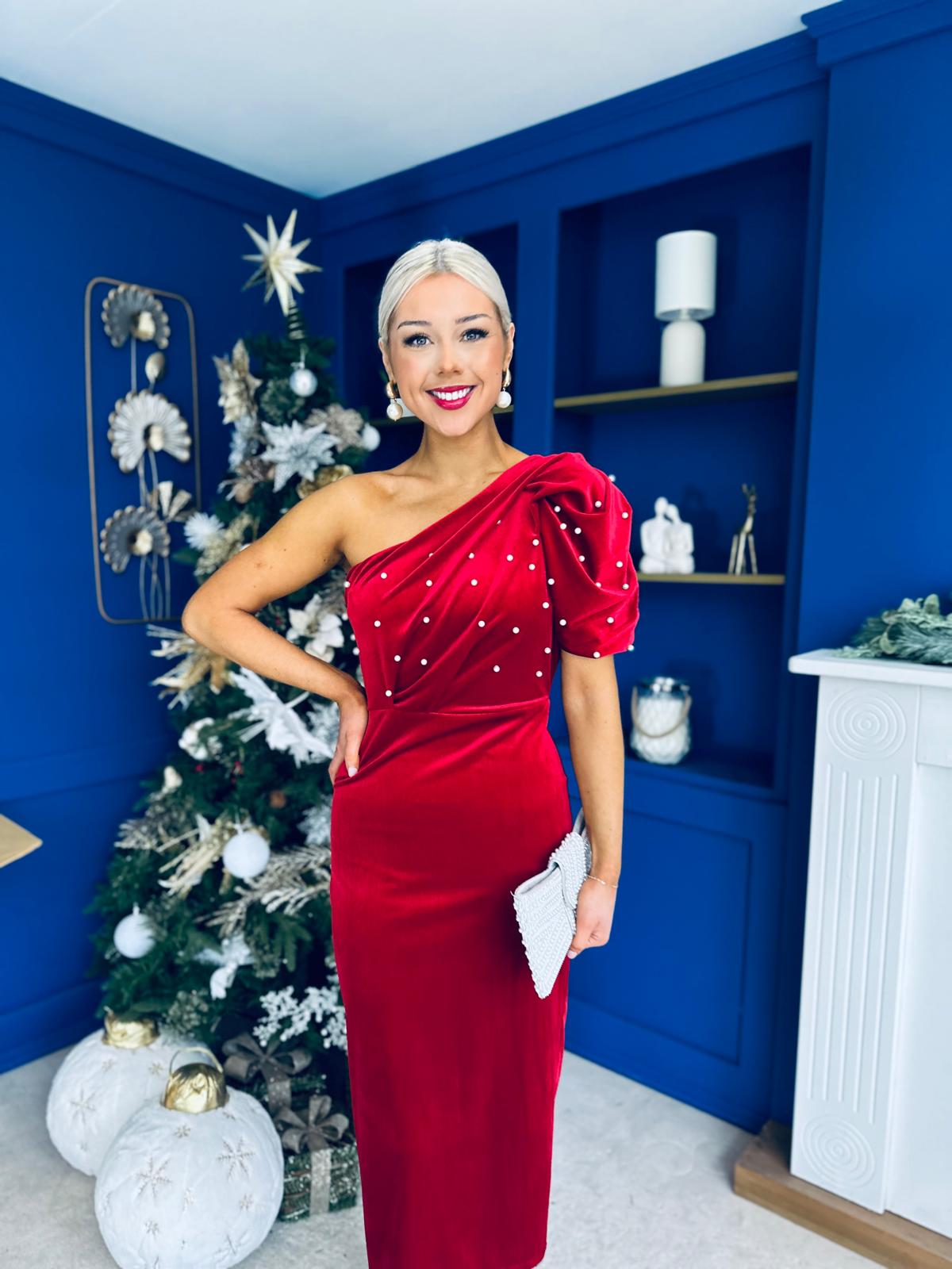 Miranda One Shoulder Pearl Detail Velvet Occasion Dress Red