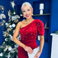 Miranda One Shoulder Pearl Detail Velvet Occasion Dress Red