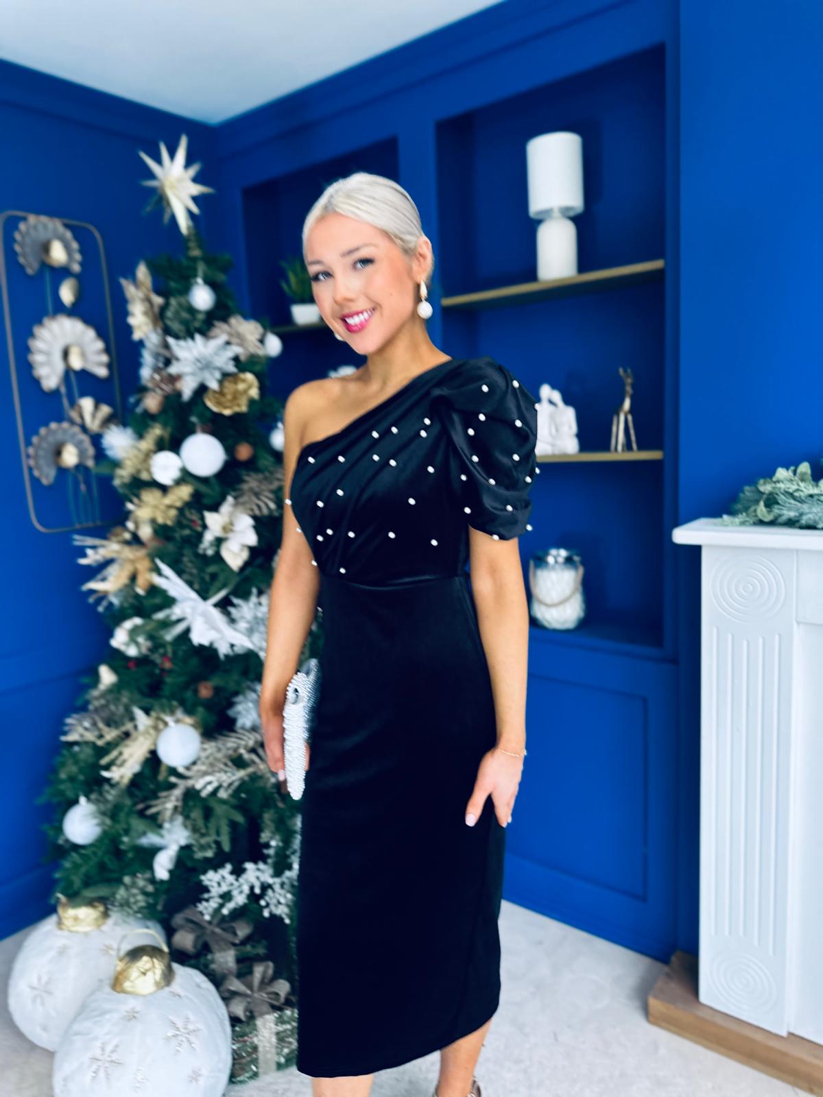 Miranda One Shoulder Pearl Detail Velvet Occasion Dress Black