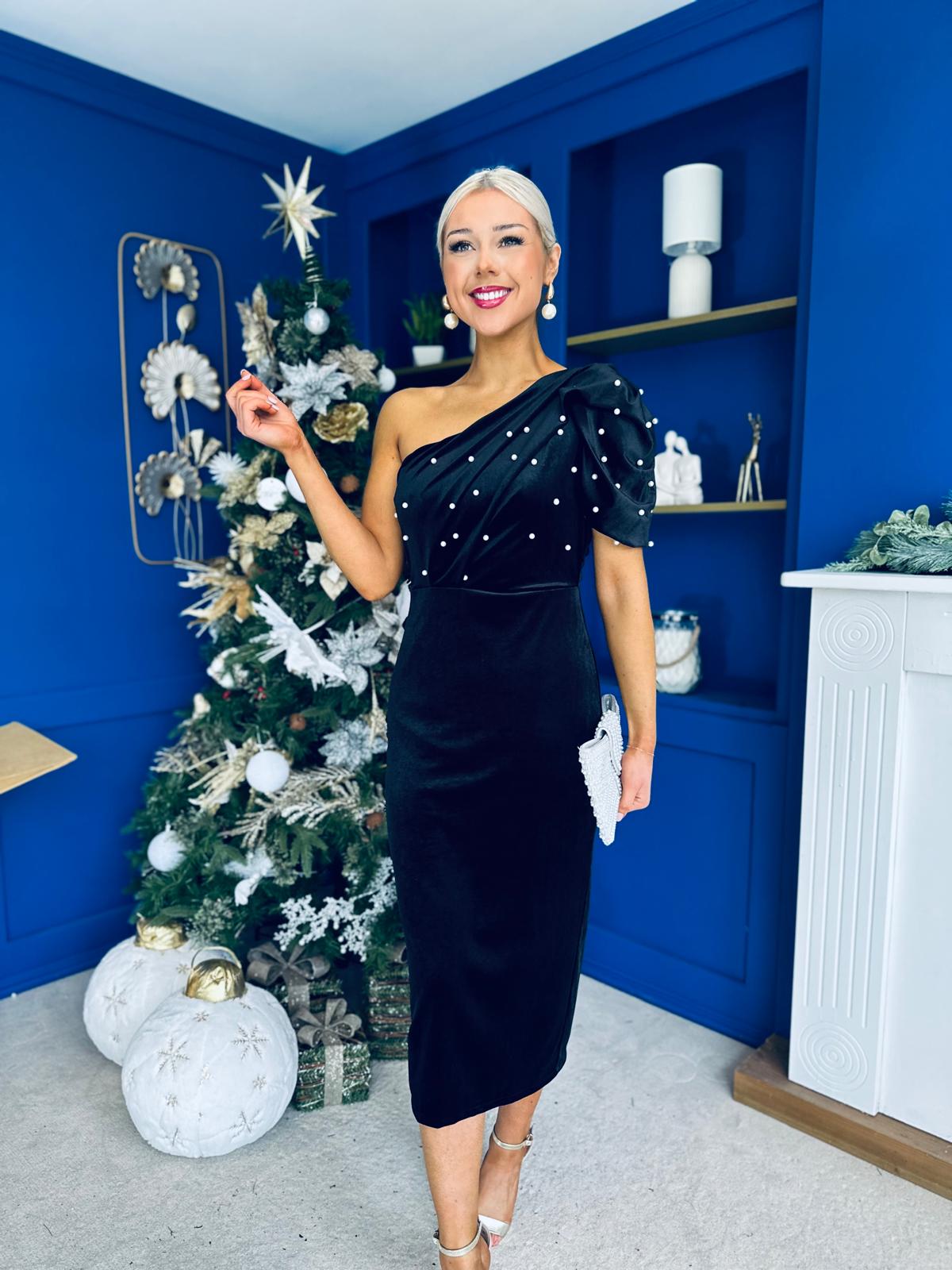 Miranda One Shoulder Pearl Detail Velvet Occasion Dress Black