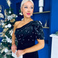 Miranda One Shoulder Pearl Detail Velvet Occasion Dress Black