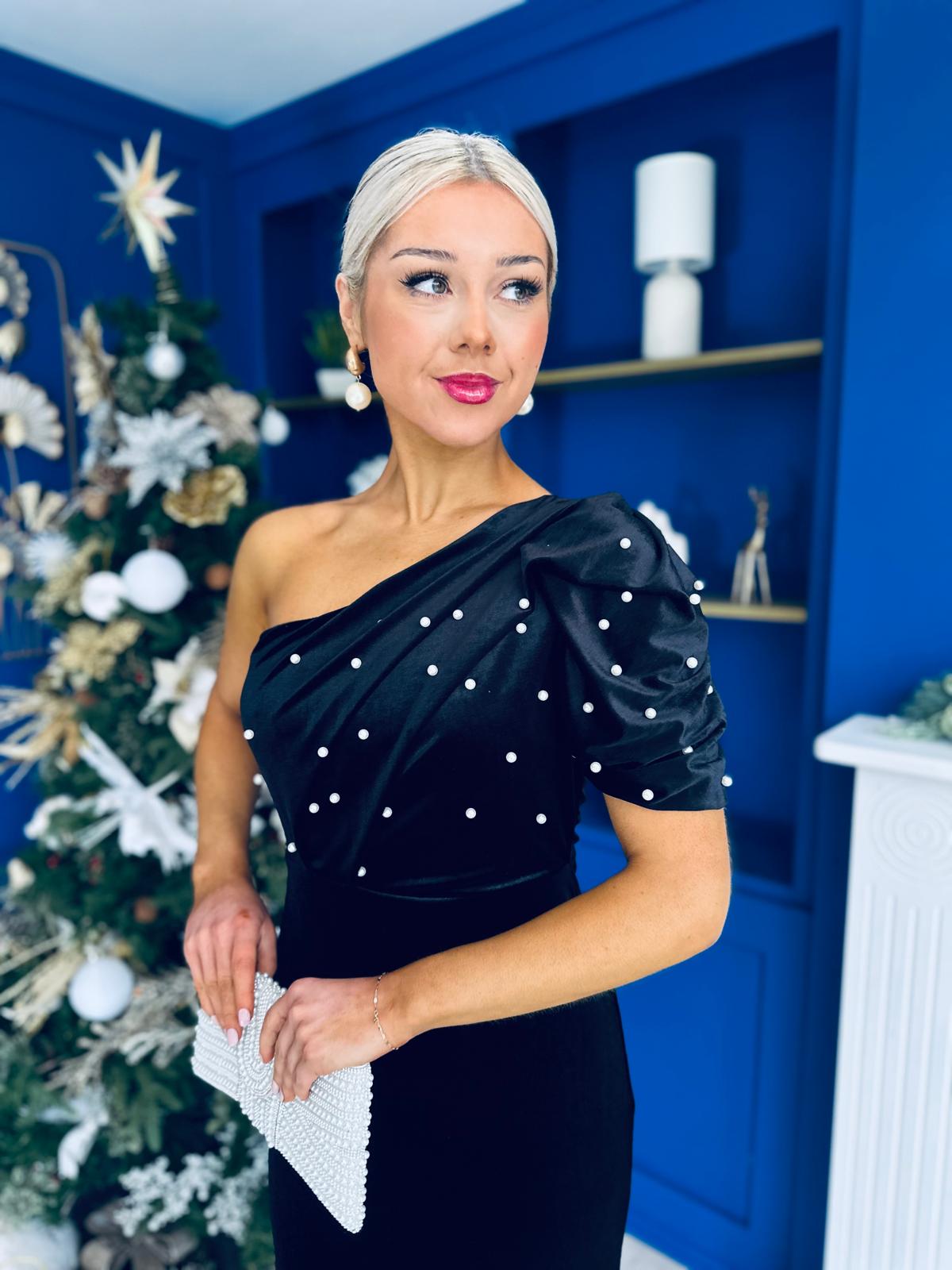 Miranda One Shoulder Pearl Detail Velvet Occasion Dress Black