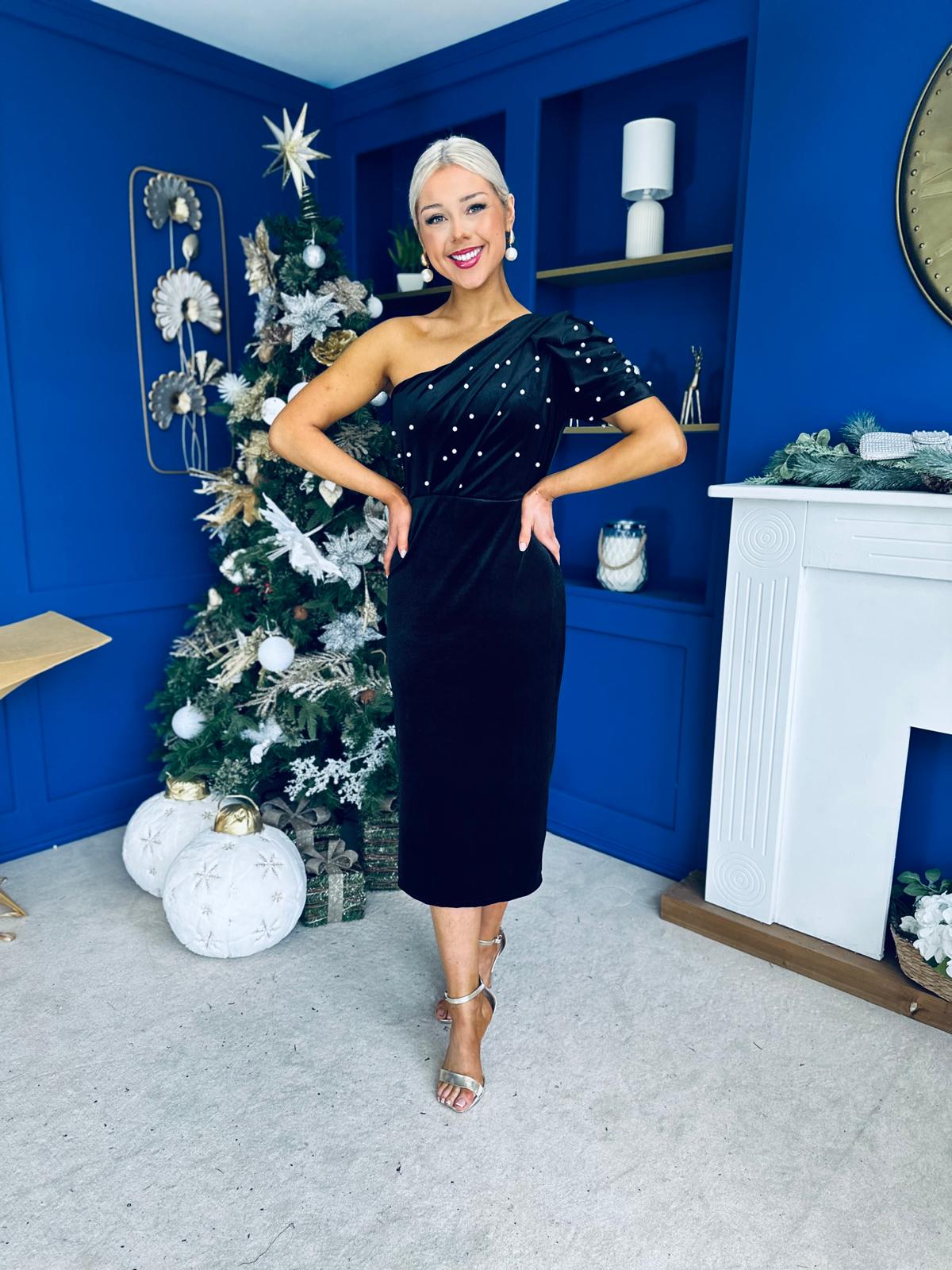 Miranda One Shoulder Pearl Detail Velvet Occasion Dress Black