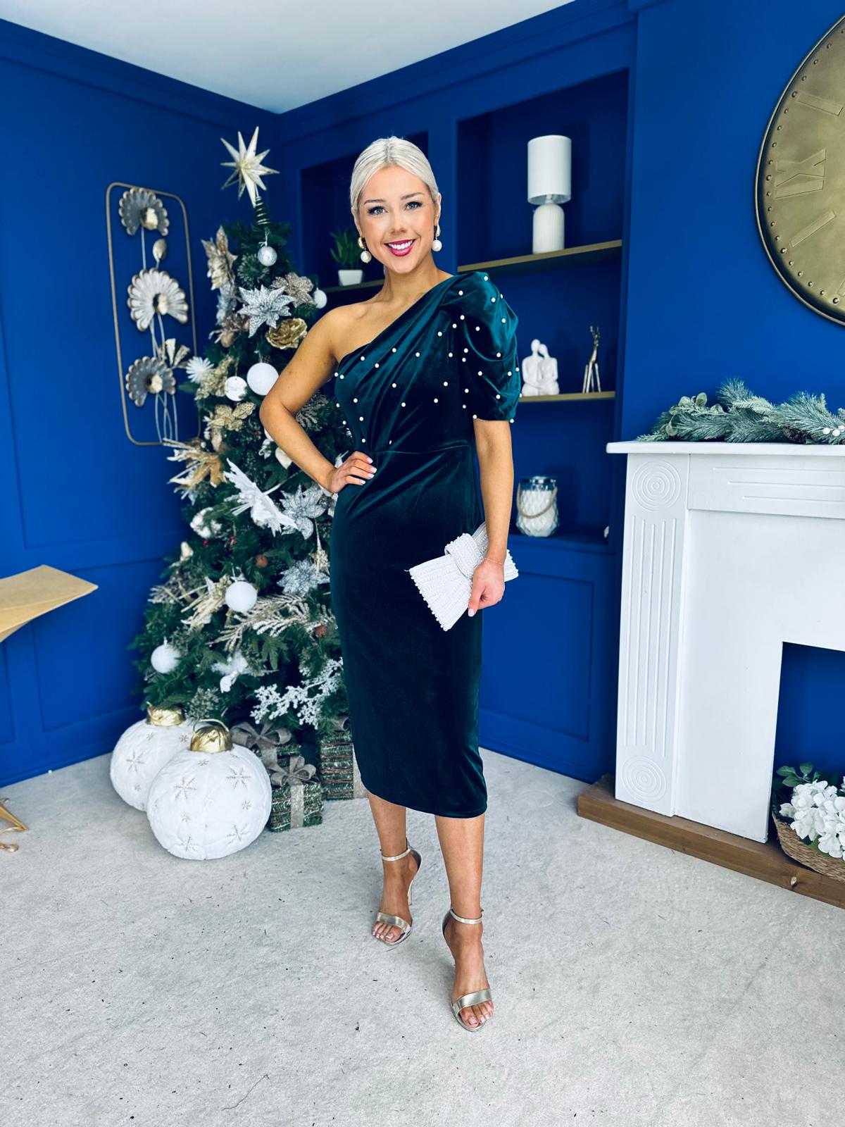 Miranda One Shoulder Pearl Detail Velvet Occasion Dress Forest