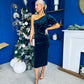 Miranda One Shoulder Pearl Detail Velvet Occasion Dress Forest