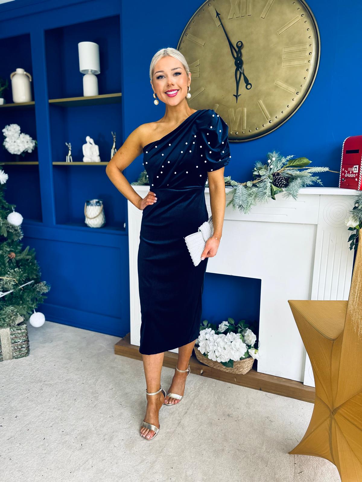 Miranda One Shoulder Pearl Detail Velvet Occasion Dress Navy