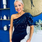 Miranda One Shoulder Pearl Detail Velvet Occasion Dress Navy