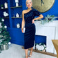 Miranda One Shoulder Pearl Detail Velvet Occasion Dress Navy