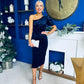 Miranda One Shoulder Pearl Detail Velvet Occasion Dress Navy
