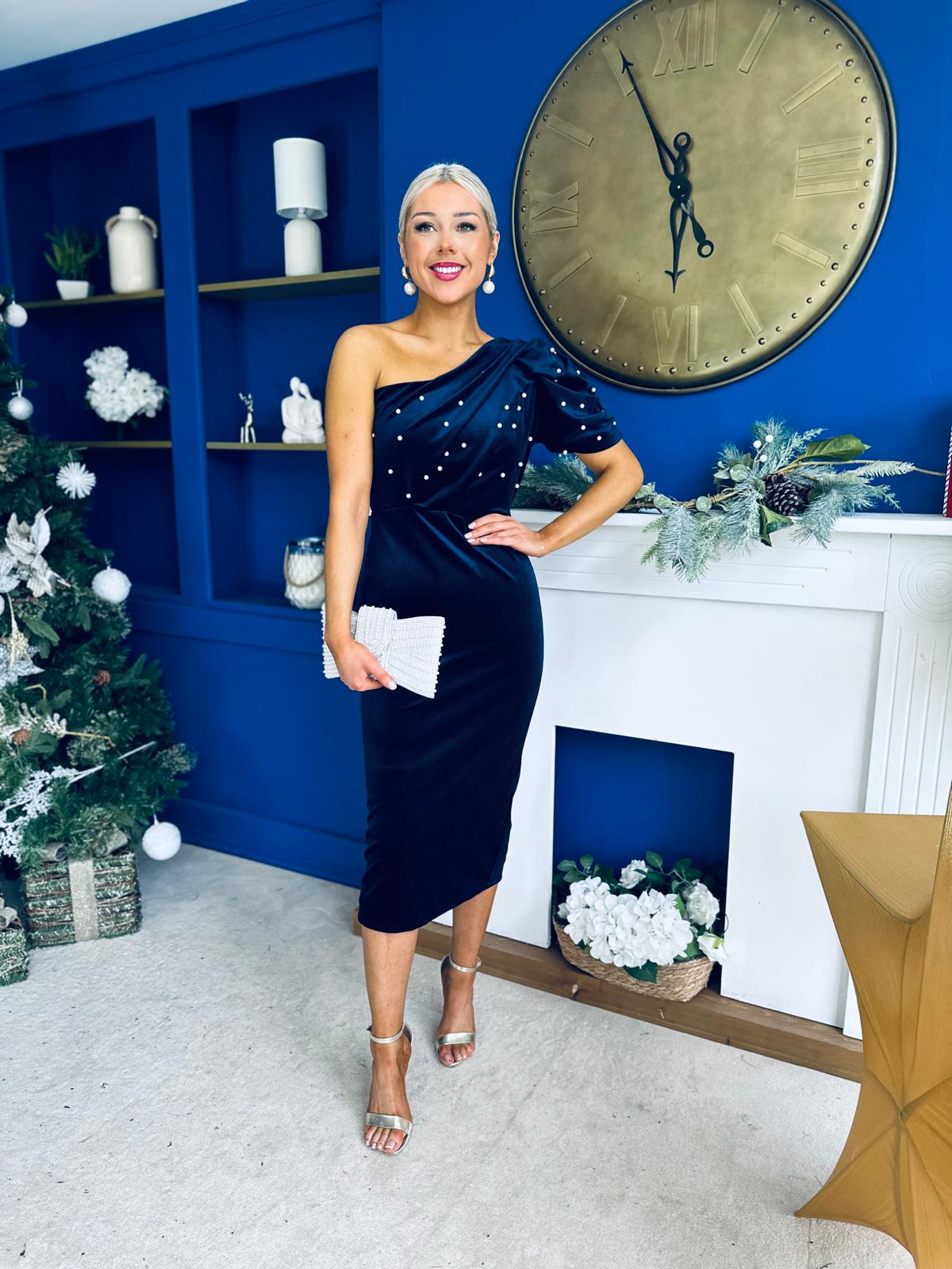 Miranda One Shoulder Pearl Detail Velvet Occasion Dress Navy