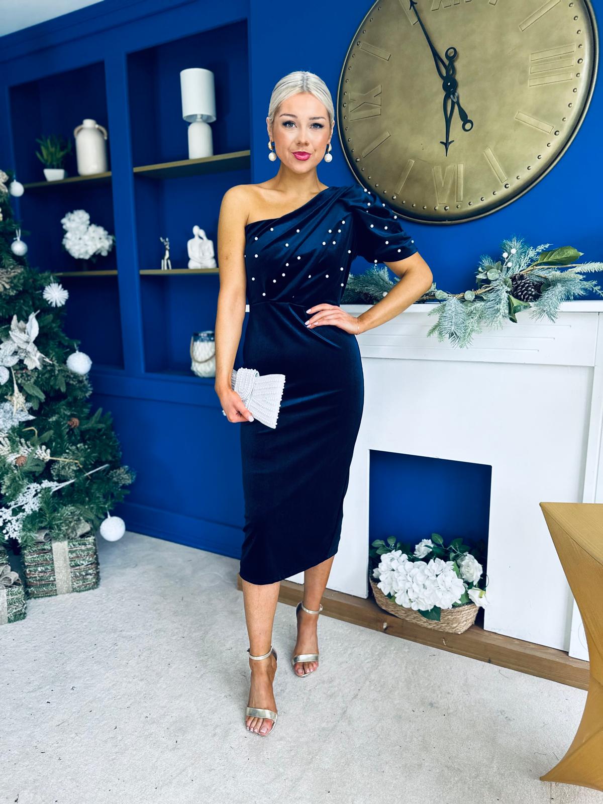 Miranda One Shoulder Pearl Detail Velvet Occasion Dress Navy