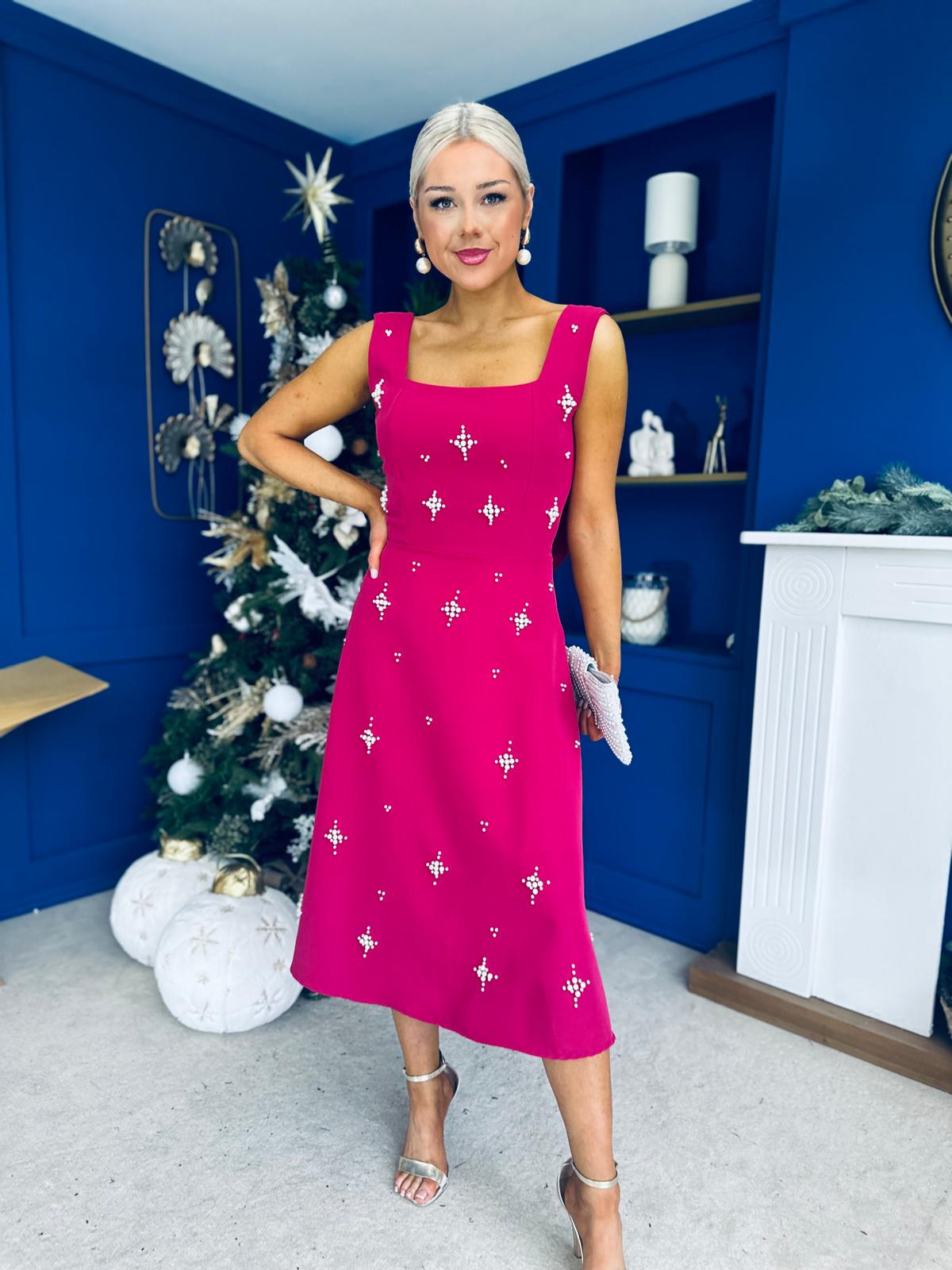 Scarlett Pearl Embellished Occasion Dress Raspberry