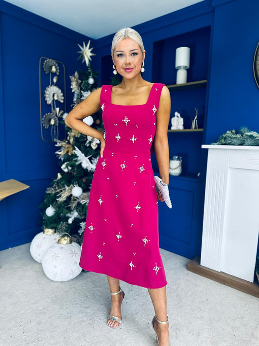 Scarlett Pearl Embellished Occasion Dress Raspberry