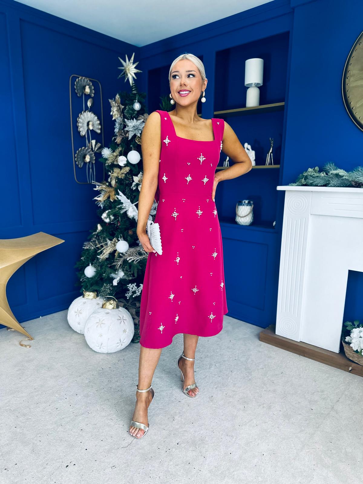 Scarlett Pearl Embellished Occasion Dress Raspberry