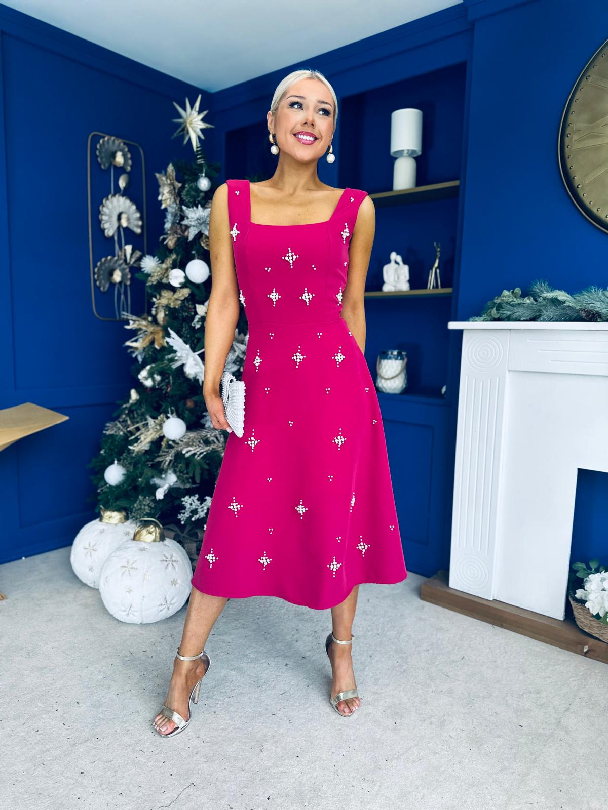 Scarlett Pearl Embellished Occasion Dress Raspberry