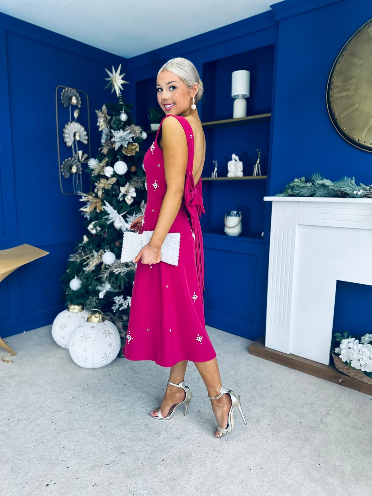 Scarlett Pearl Embellished Occasion Dress Raspberry