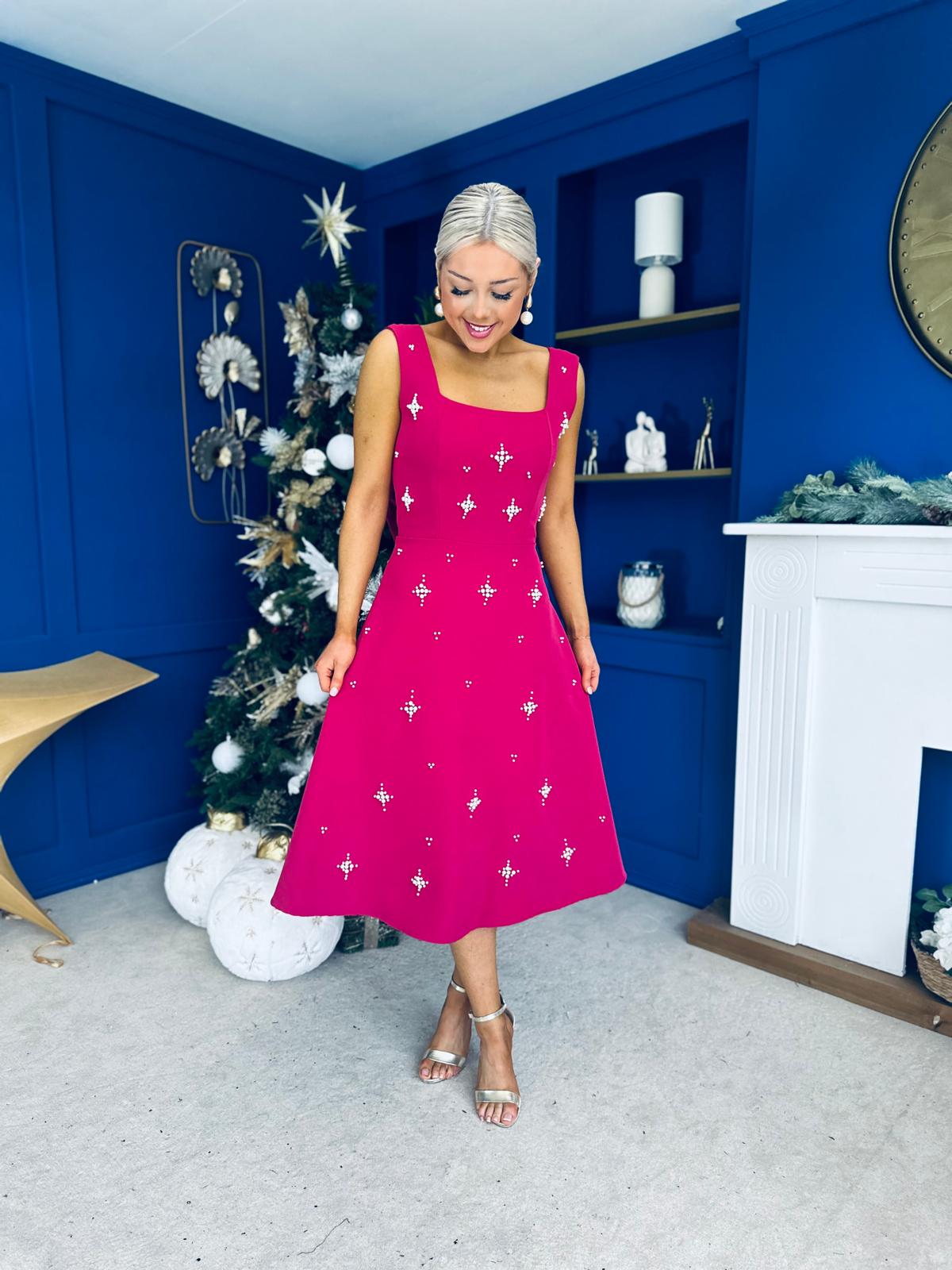 Scarlett Pearl Embellished Occasion Dress Raspberry