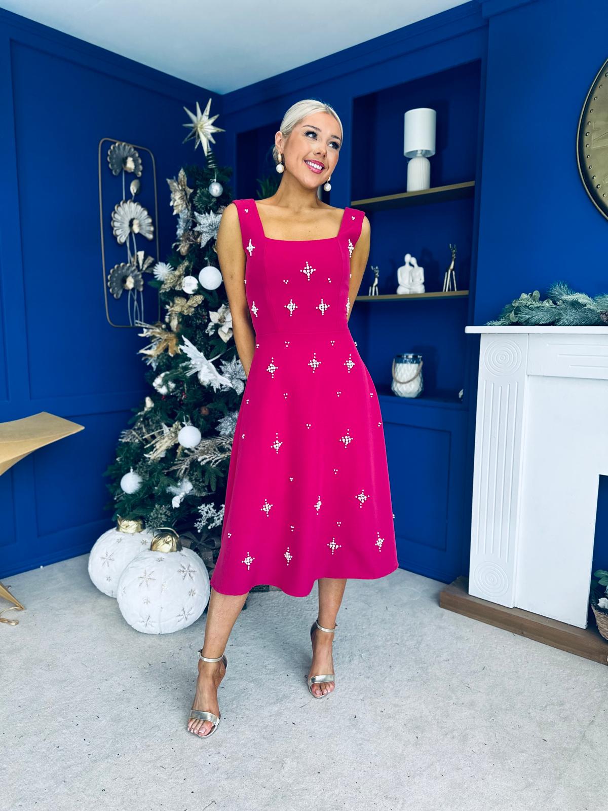 Scarlett Pearl Embellished Occasion Dress Raspberry