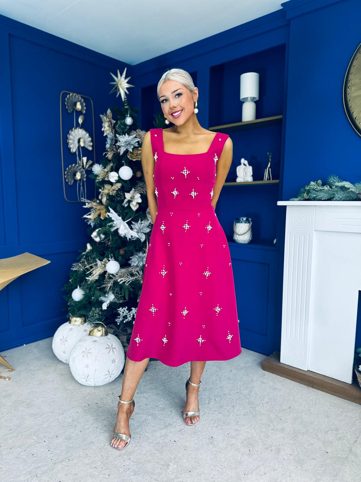 Scarlett Pearl Embellished Occasion Dress Raspberry