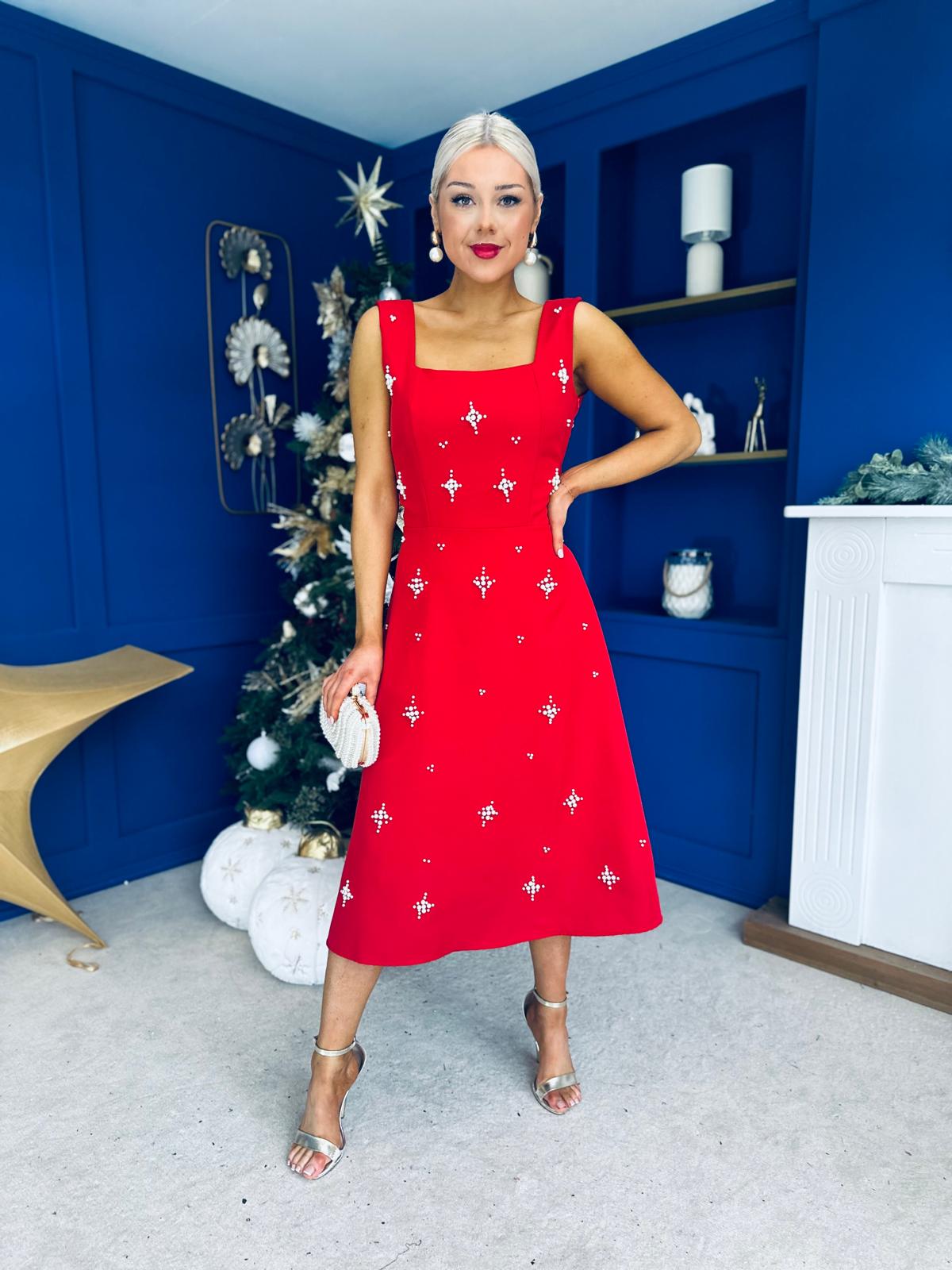 Scarlett Pearl Embellished Occasion Dress Red