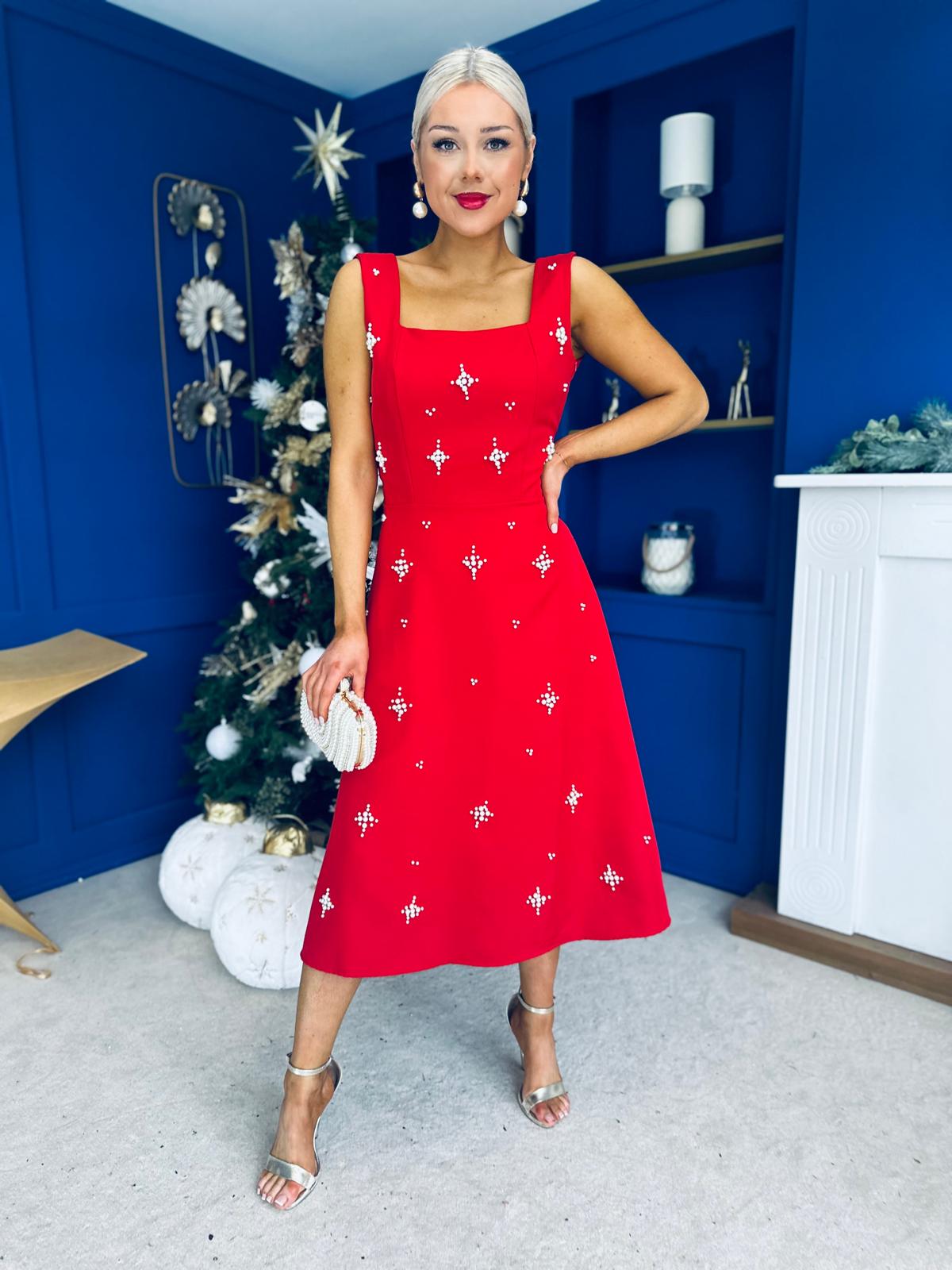 Scarlett Pearl Embellished Occasion Dress Red