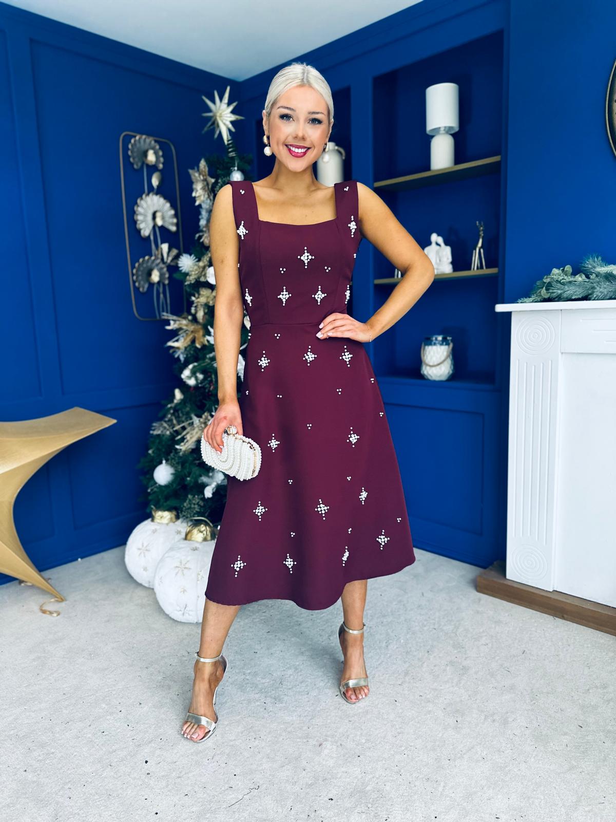 Scarlett Pearl Embellished Occasion Dress Burgundy