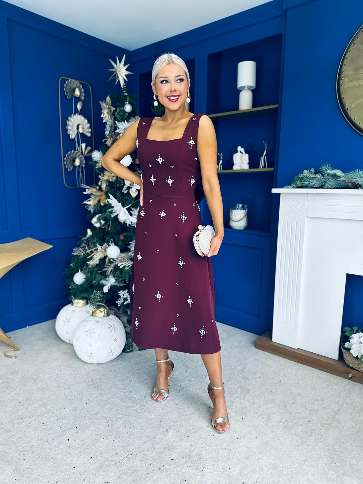 Scarlett Pearl Embellished Occasion Dress Burgundy