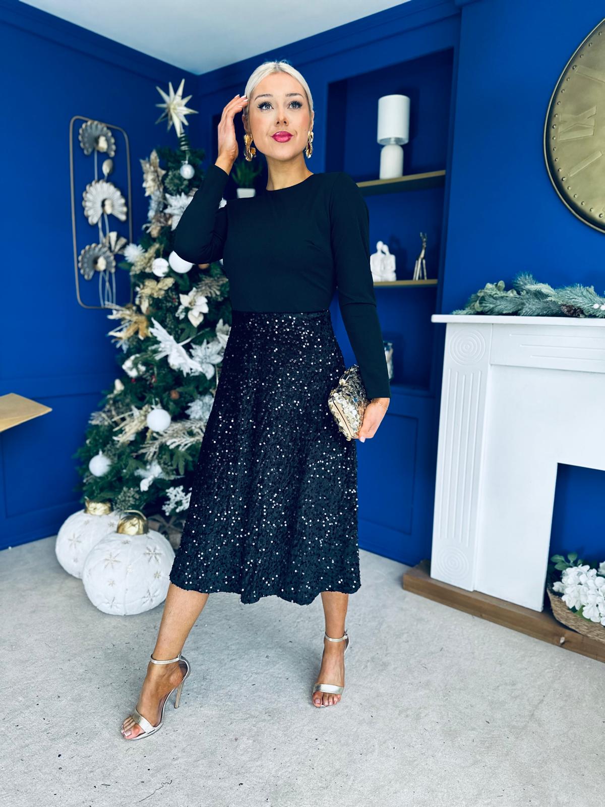 Reese Sequin Skirt Occasion Dress Black