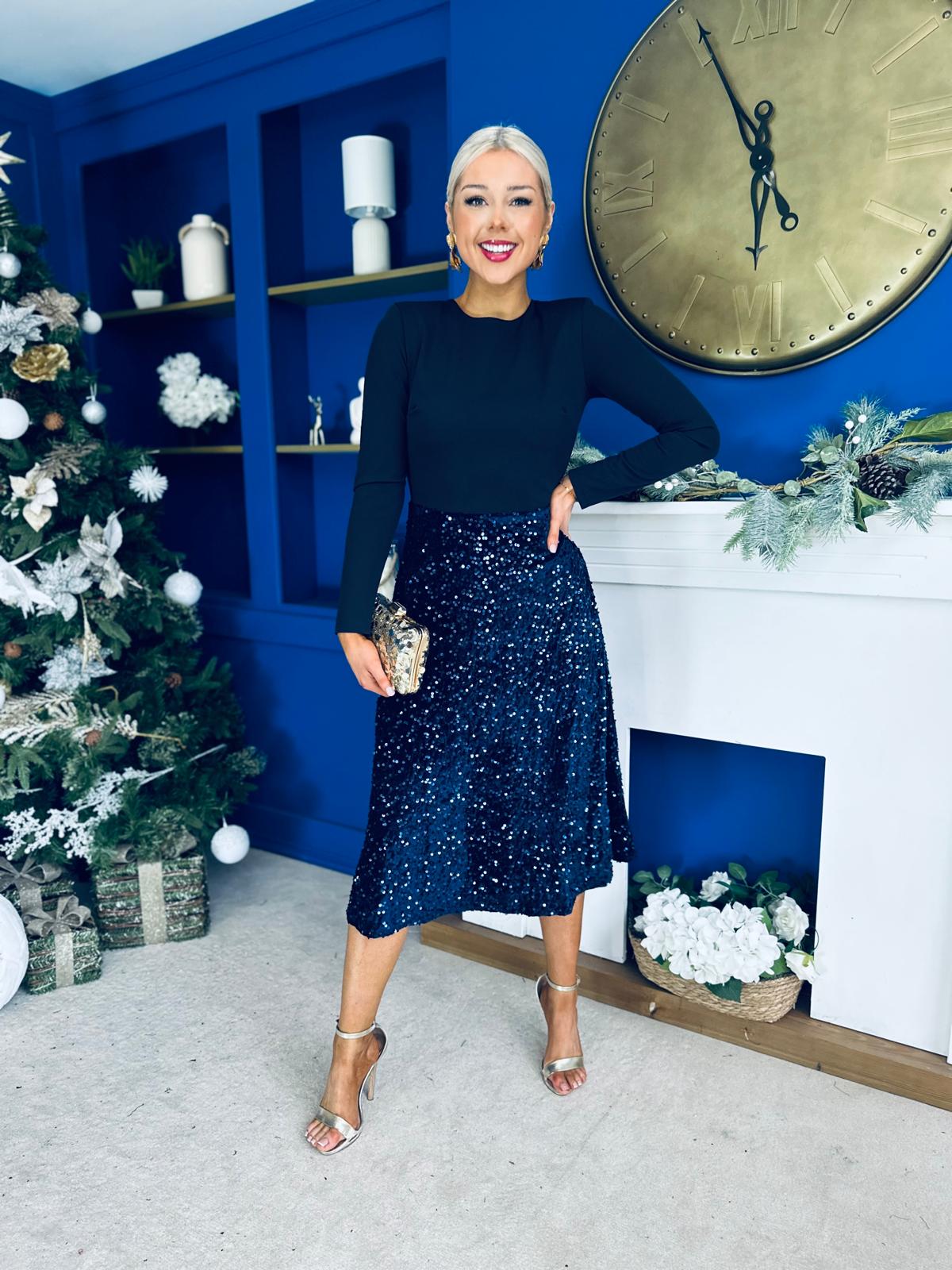 Reese Sequin Skirt Occasion Dress Navy