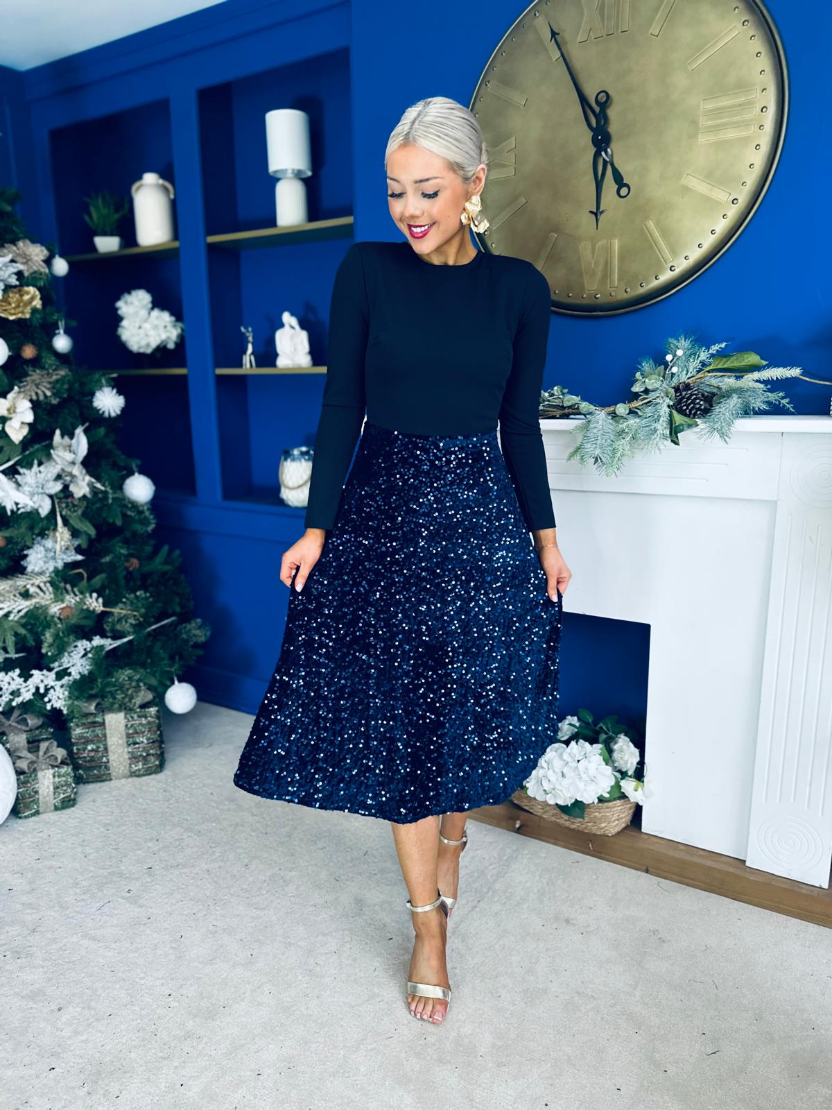 Reese Sequin Skirt Occasion Dress Navy