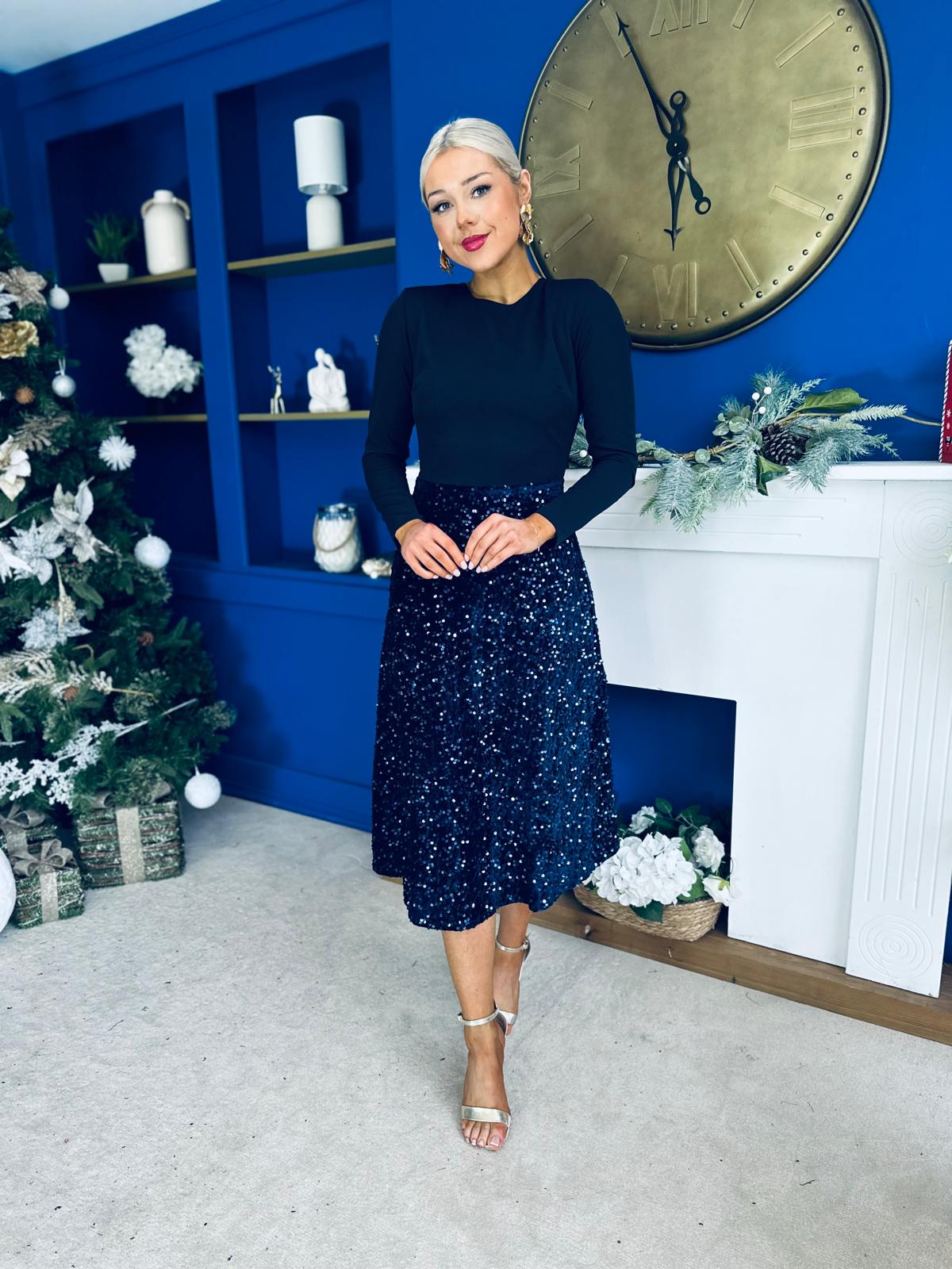 Reese Sequin Skirt Occasion Dress Navy