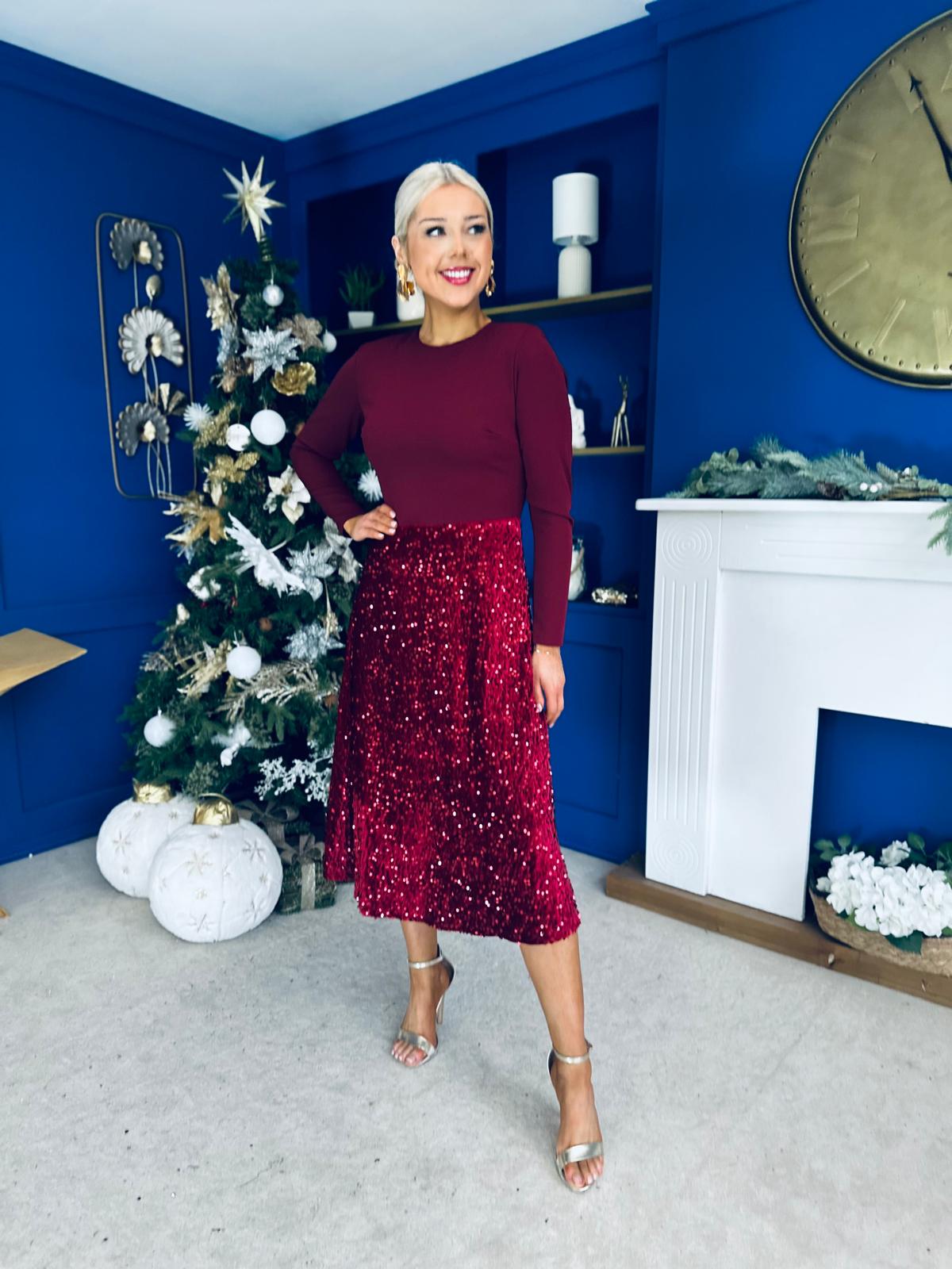 Reese Sequin Skirt Occasion Dress Wine