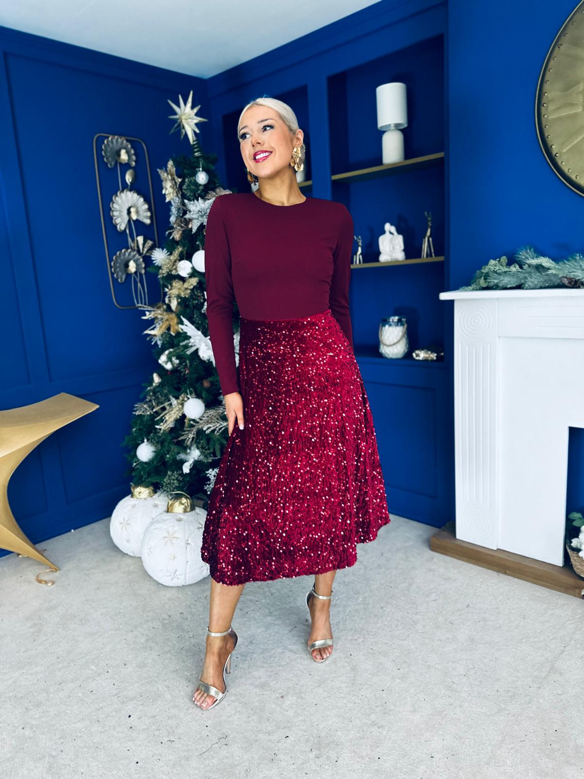 Reese Sequin Skirt Occasion Dress Wine