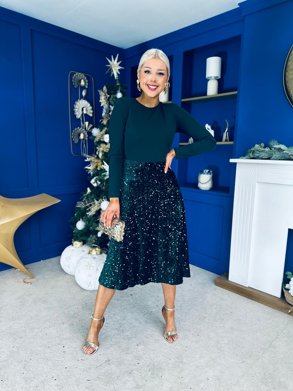 Reese Sequin Skirt Occasion Dress Forest